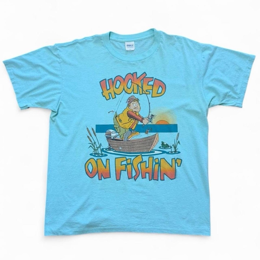 Vintage 80s Hooked On Fishing Funny Humour Joke Novelty T-shirt XXL